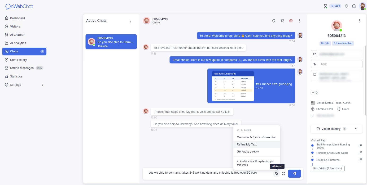 onWebChat: panel czatu na żywo z narzędziami AI Assist w polu wiadomości