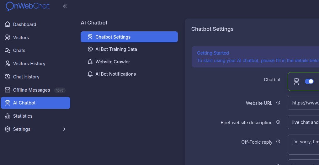 Tela de configurações do chatbot de IA no dashboard onWebChat com URL do site e opções de configuração