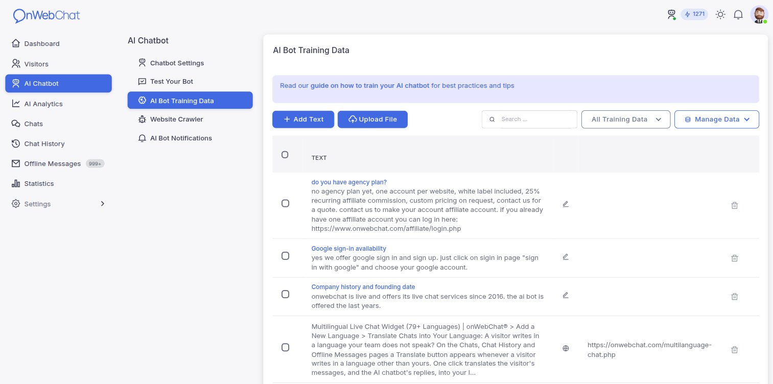 Página de dados de treino do chatbot de IA com o conteúdo aprendido do site e as opções para adicionar texto e carregar ficheiros