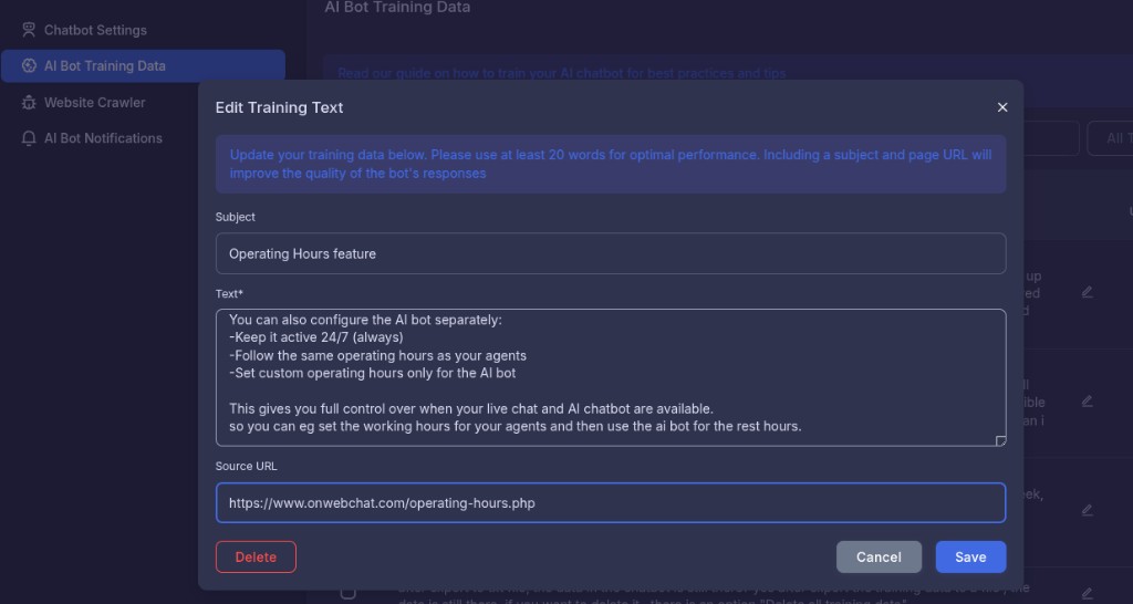 Modal de Editar Texto de Treinamento nos Dados de Treinamento do AI Bot - adicionar assunto, texto e URL de origem