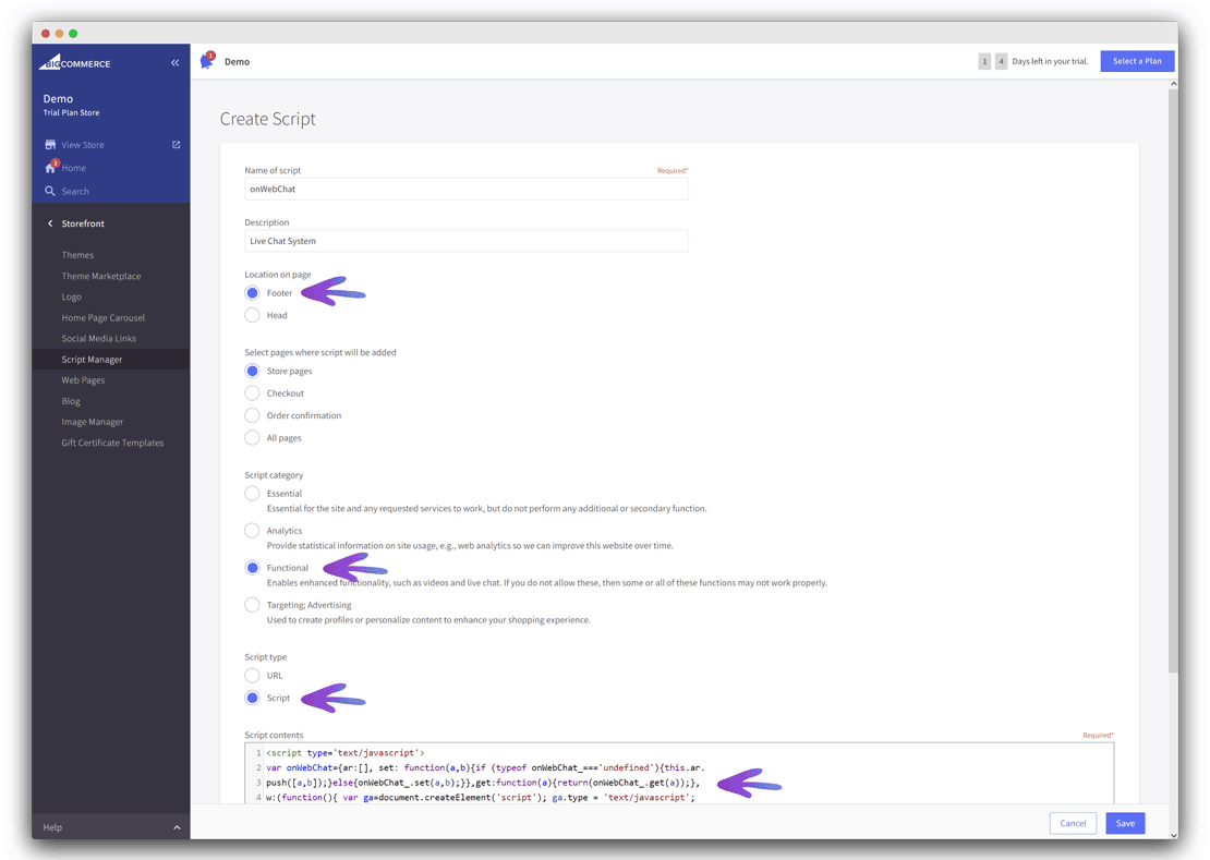 Instalação do onWebChat no BigCommerce – introdução do código do widget