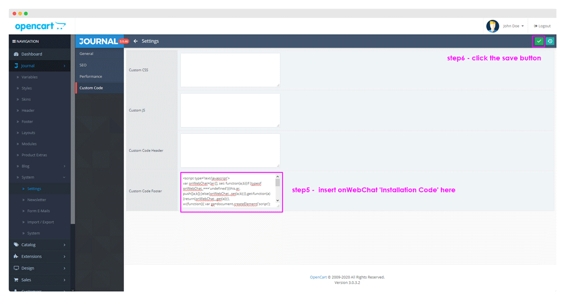 Integração do onWebChat com o tema Journal do OpenCart