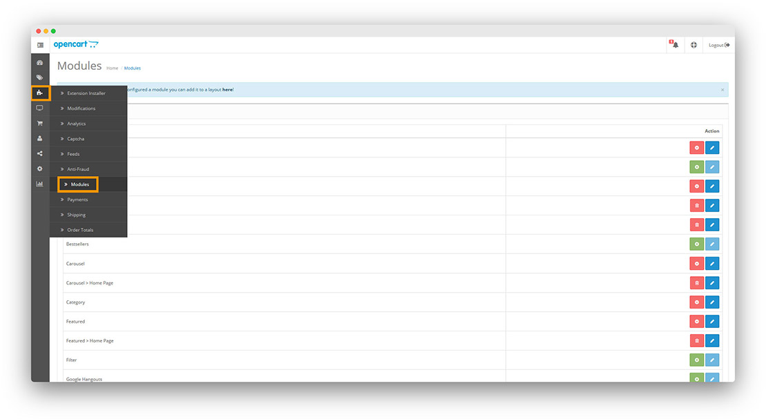 OpenCart module installation step2