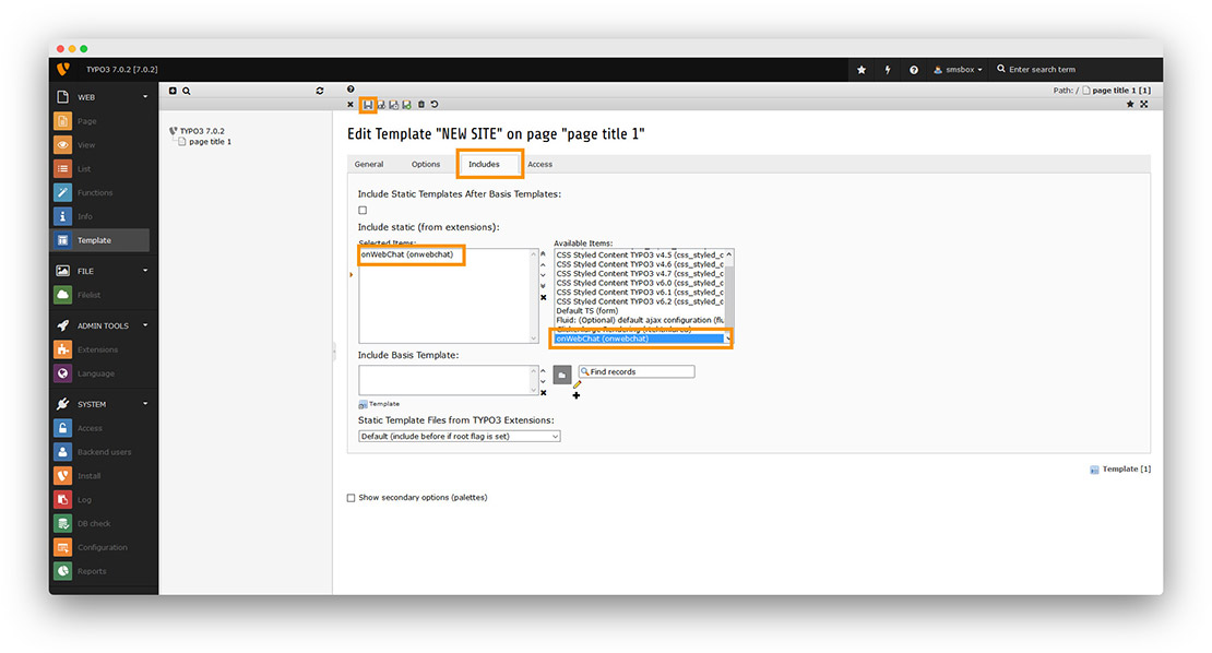 TYPO3 extensão onWebChat – separador Includes