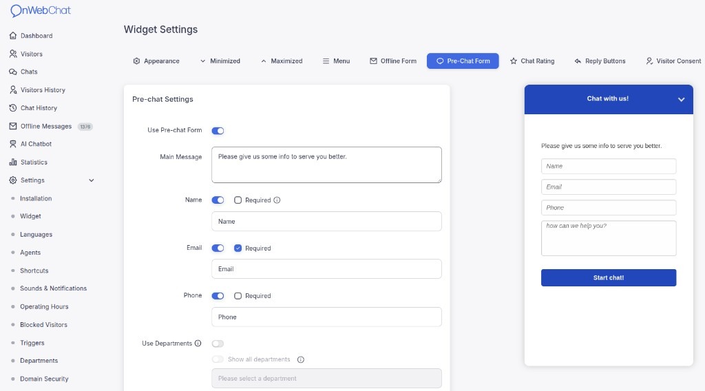 Widget onWebChat com formulário pré-chat e departamentos