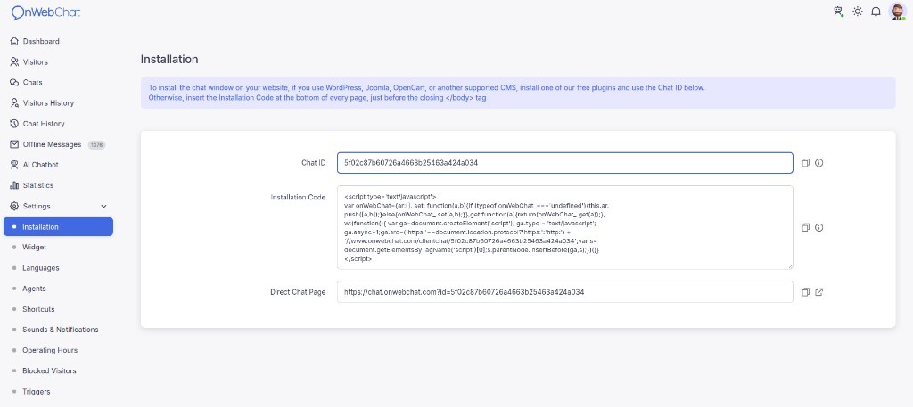 Configurações do painel onWebChat - Separador Instalação