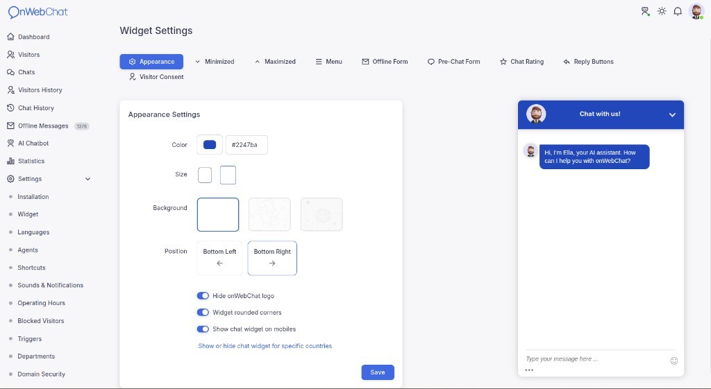 Página de definições onWebChat