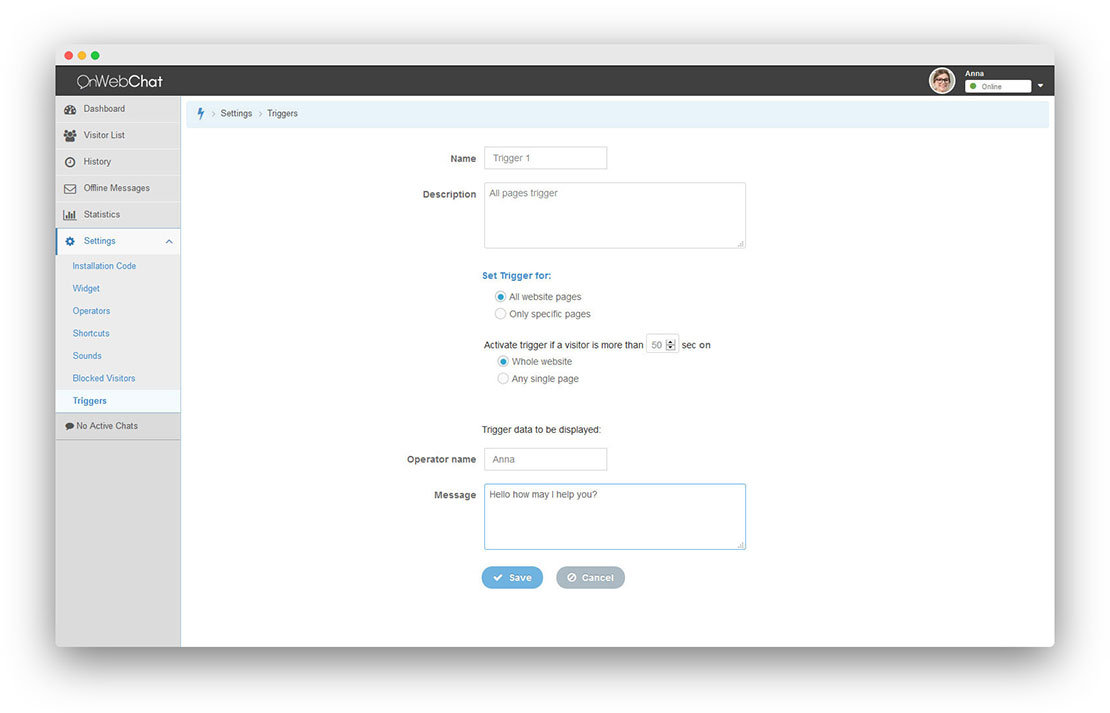 Configuração de triggers no onWebChat